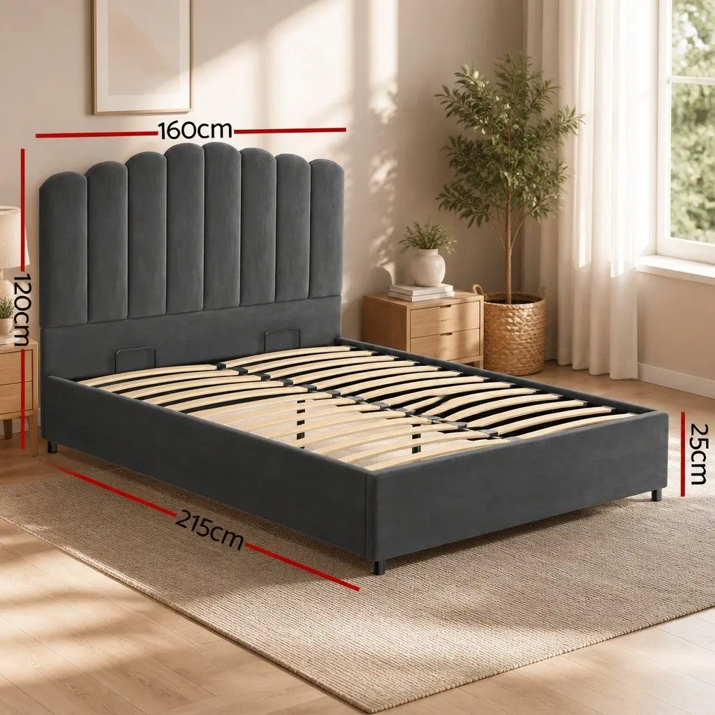 Double Bed Frame Gas Lift Storage Velvet Grey Padded Headboard