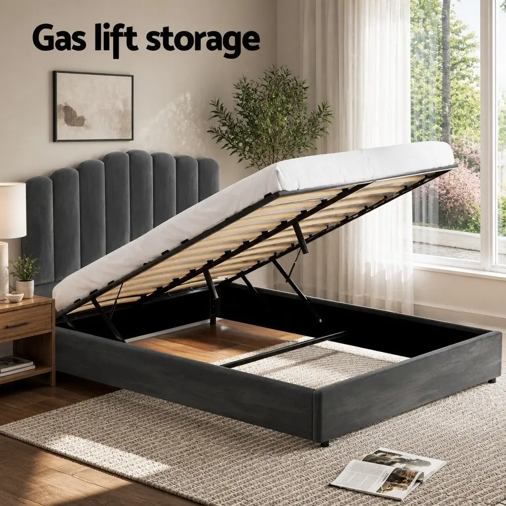 Double Bed Frame Gas Lift Storage Velvet Grey Padded Headboard