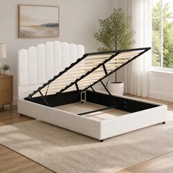 Double Bed Frame with Gas Lift Storage and Boucle Upholstery