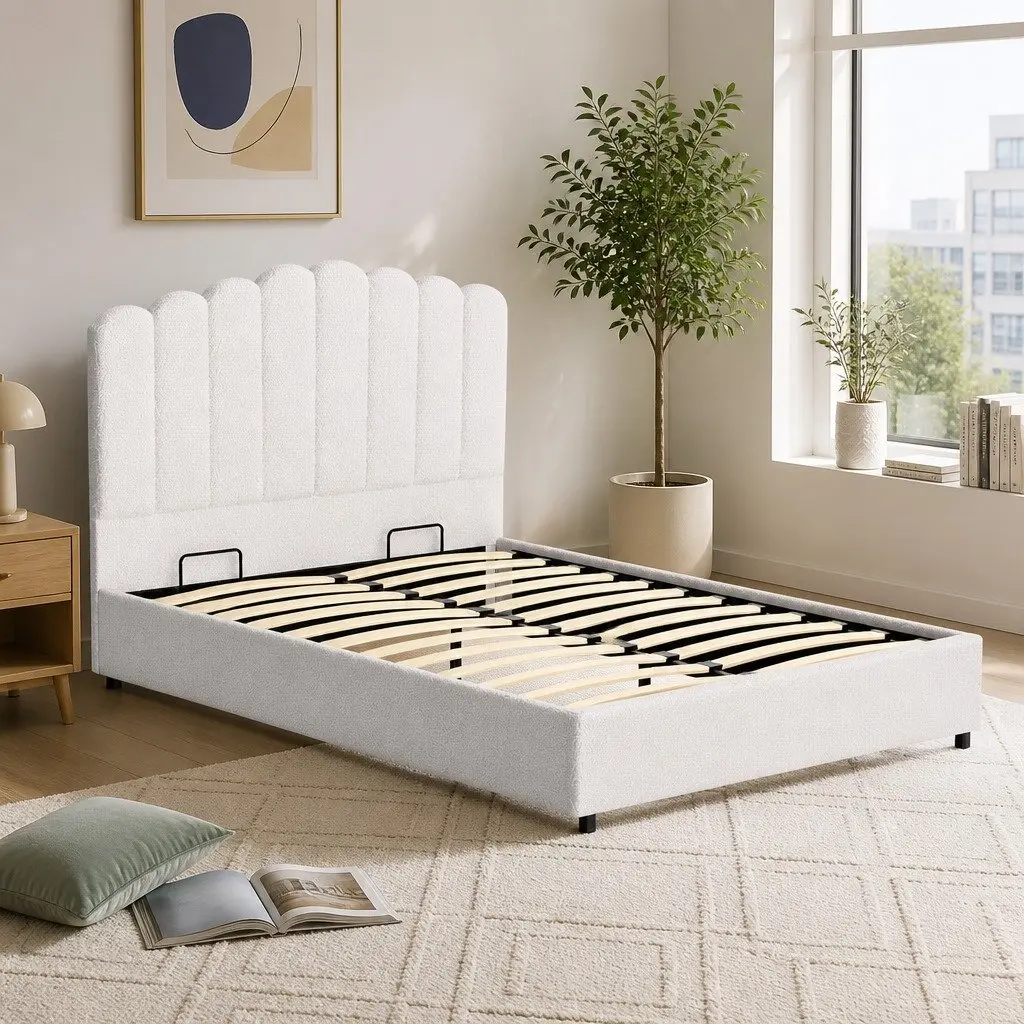 Double Bed Frame Upholstered Boucle Storage Gas Lift Beige