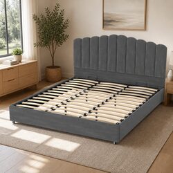 King Size Bed Frame with Grey Velvet Upholstery and Storage