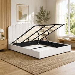 King Size Bed Frame with Boucle Upholstery and Storage