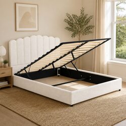 Queen Bed Frame with Gas Lift Storage and Boucle Upholstery