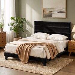 Upholstered Double Bed Frame with Geometric Headboard