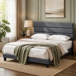 King Bed Frame with Geometric Headboard and Platform Base