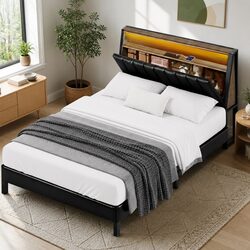 Double Bed Frame with Storage Headboard and LED Lighting