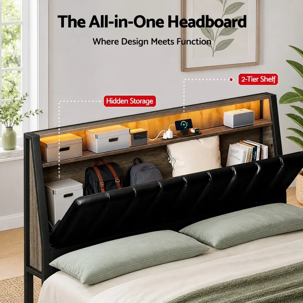 Double Bed Frame Black with Storage Headboard LED Lighting and Charging Ports 154cm