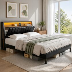 Black Queen Bed Frame with LED Headboard and Charging Ports