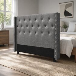 Grey Tufted Queen Size Bed Headboard with Wing Design