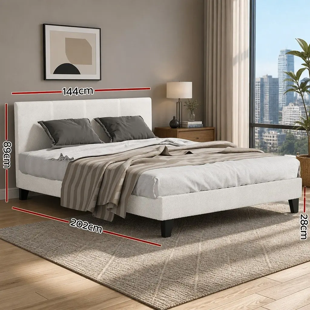 Double Bed Frame Upholstered Boucle Fabric Textured White Standard Size