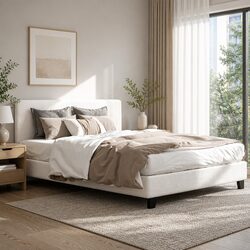 Queen Size Bed Frame in White Boucle Fabric