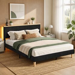Double Bed Frame with Adjustable Headboard and LED Lighting