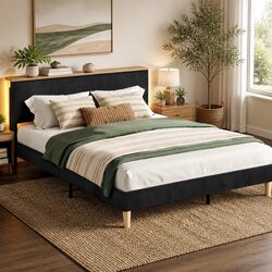 Queen Bed Frame with Robust Construction and Adjustable Headboard