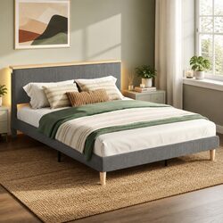 Queen Bed Frame with Adjustable Headboard and LED Lighting