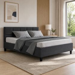 Queen Size Bed Frame with Wooden Slats in Charcoal