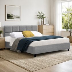 Queen Size Bed Frame with Faux Linen Upholstery and Slats