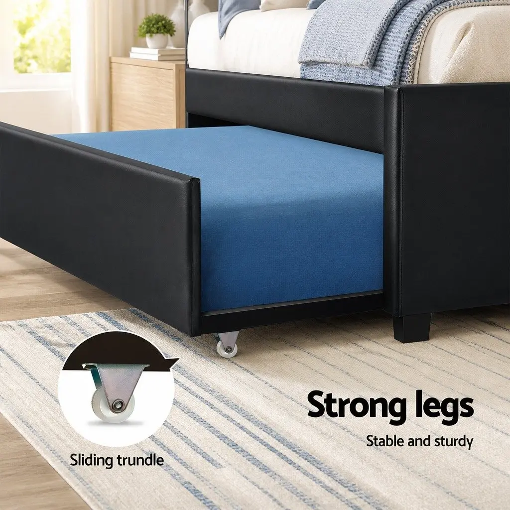 King Single Trundle Daybed Frame Black PVC Leather Pull-Out Guest Bed Storage