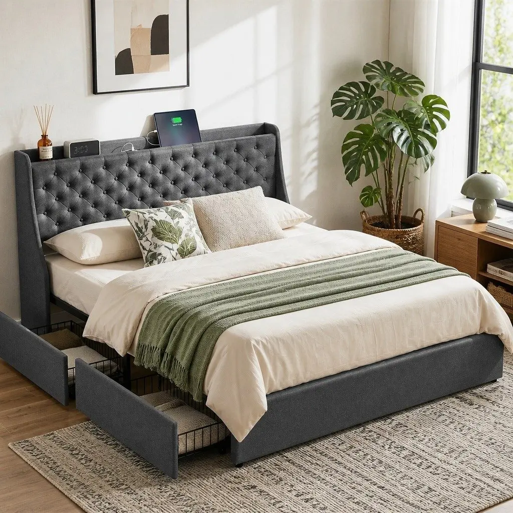 King-Size Bed Frame with Wingback and Storage Drawers