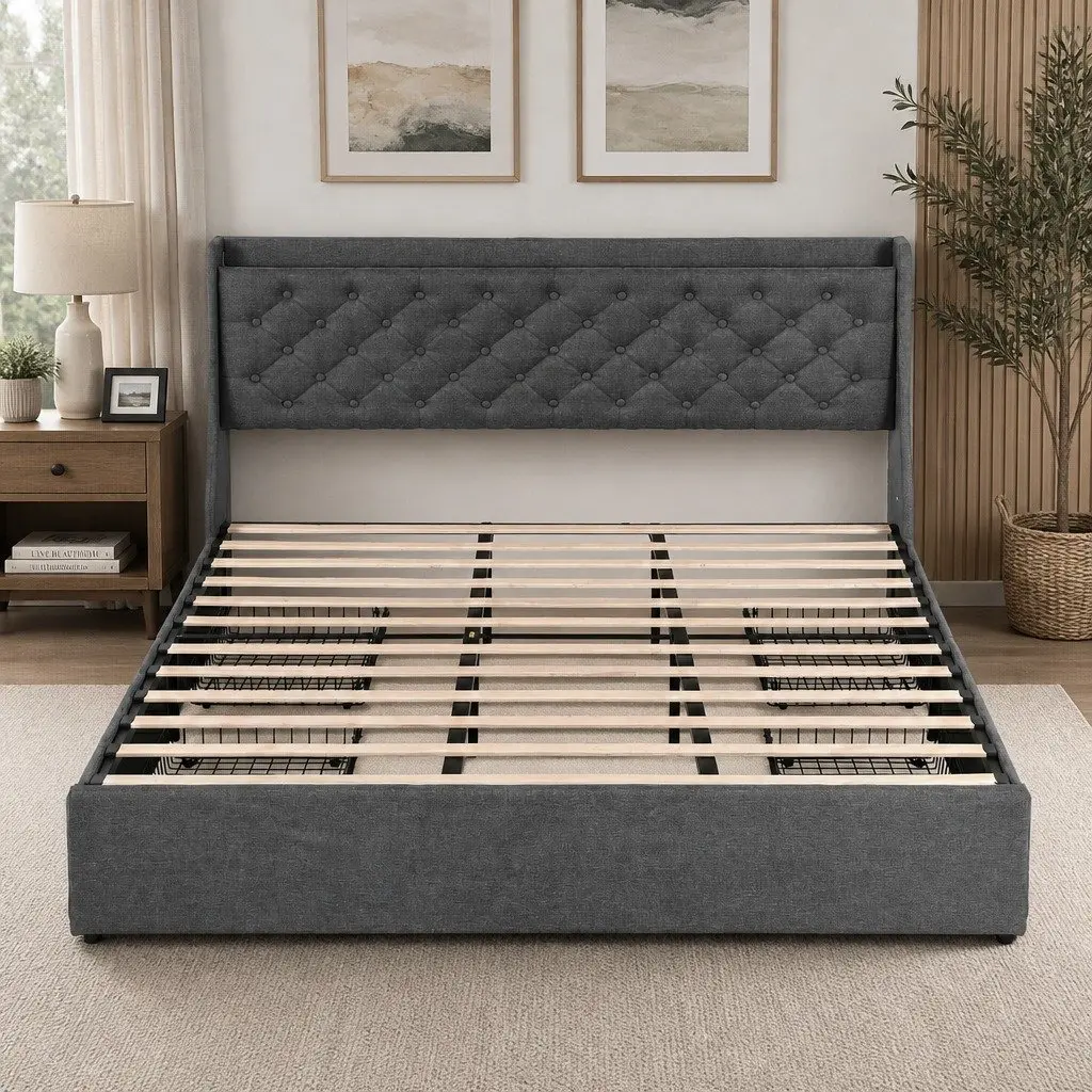 King-Size Bed Frame with Wingback and Storage Drawers