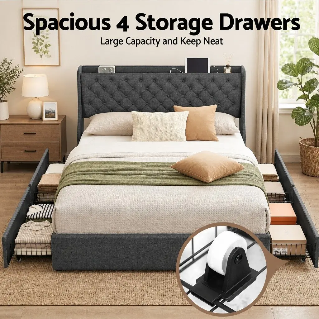 King-Size Bed Frame with Wingback and Storage Drawers
