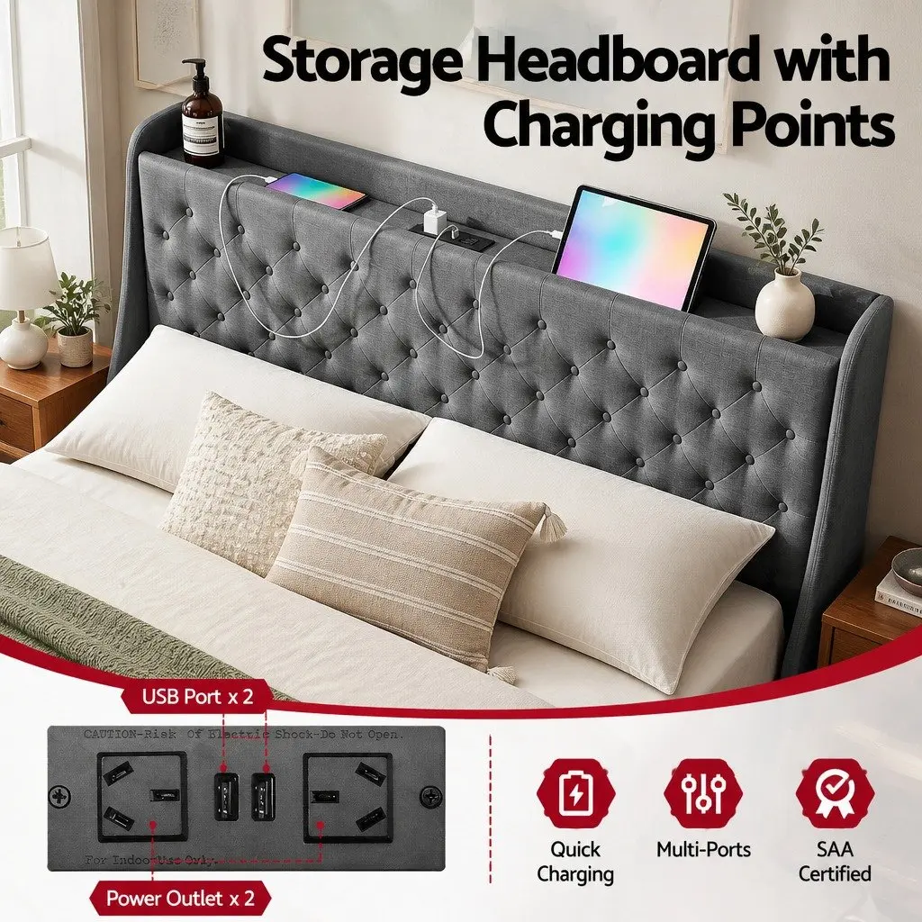 King-Size Bed Frame with Wingback and Storage Drawers