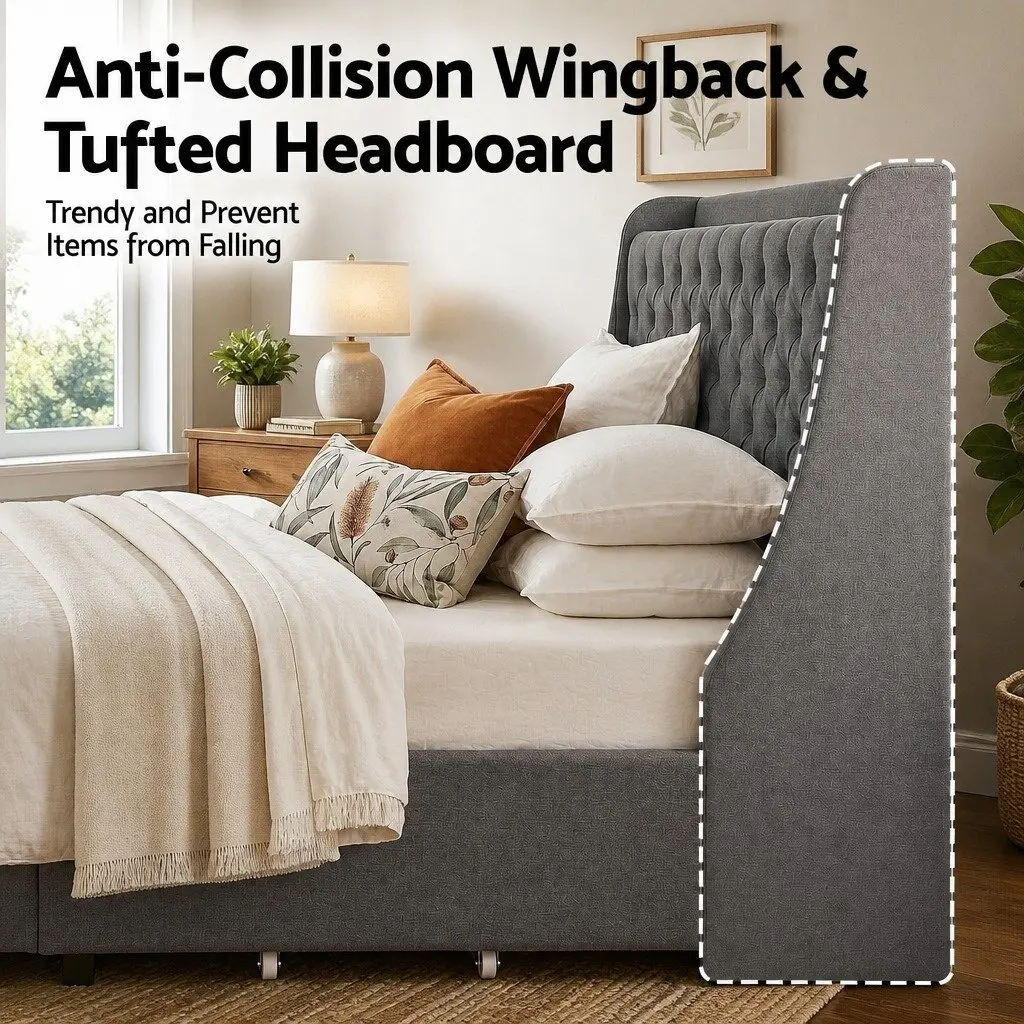 King-Size Bed Frame with Wingback and Storage Drawers