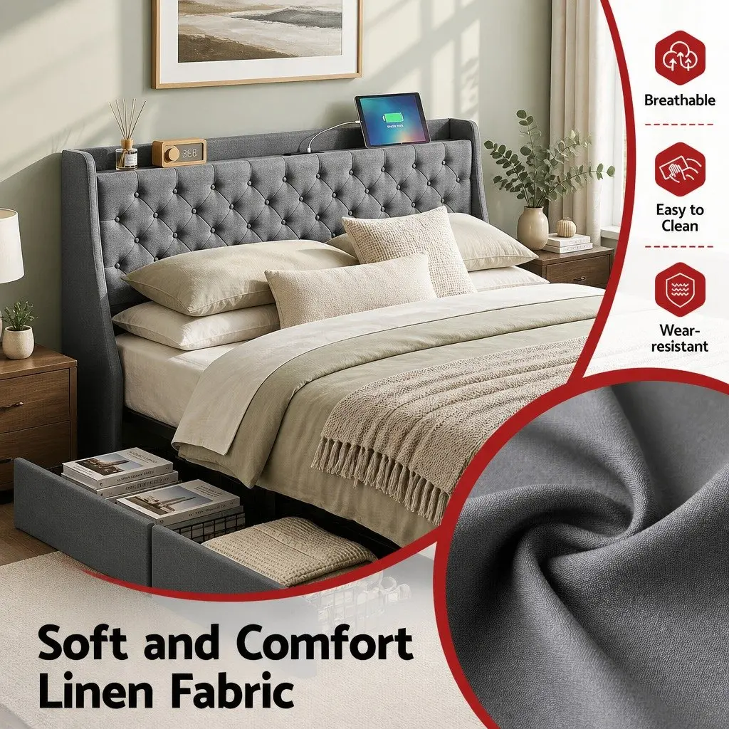 King-Size Bed Frame with Wingback and Storage Drawers