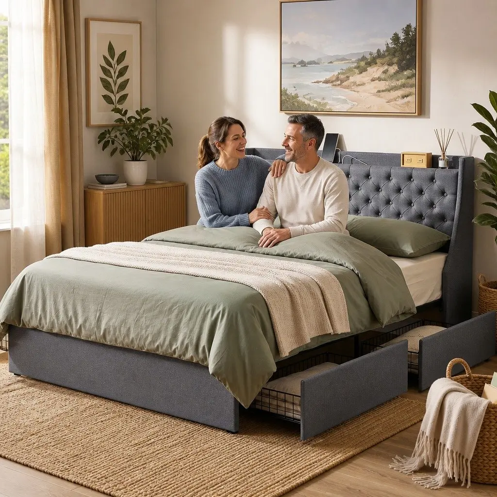 King-Size Bed Frame with Wingback and Storage Drawers