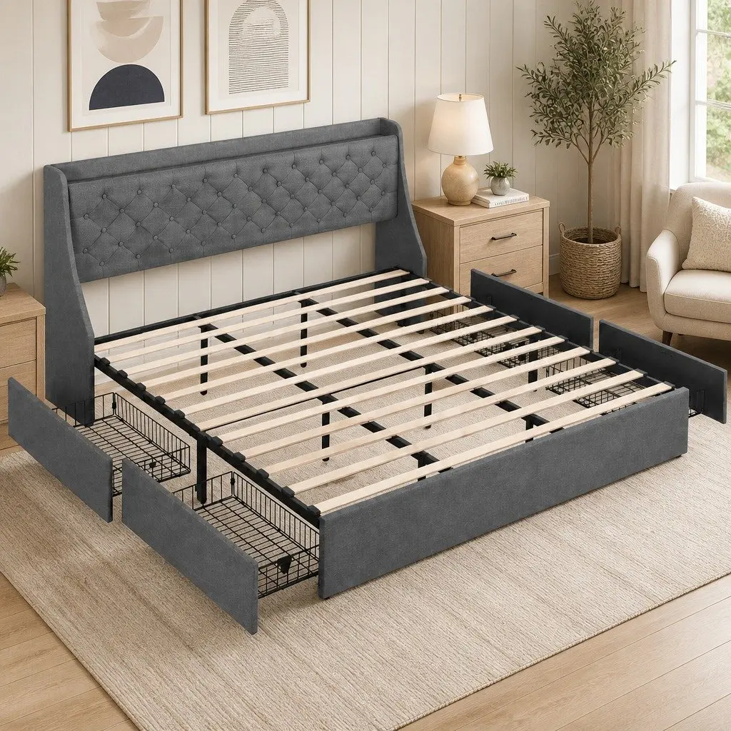King-Size Bed Frame with Wingback and Storage Drawers