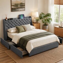 Queen Bed Frame with 4 Drawers and Charging Station