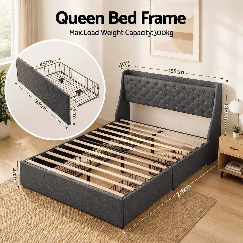 Queen Bed Frame Tufted Wingback Headboard Storage Drawers Charcoal Grey