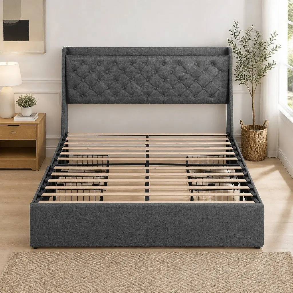 Queen Bed Frame Tufted Wingback Headboard Storage Drawers Charcoal Grey