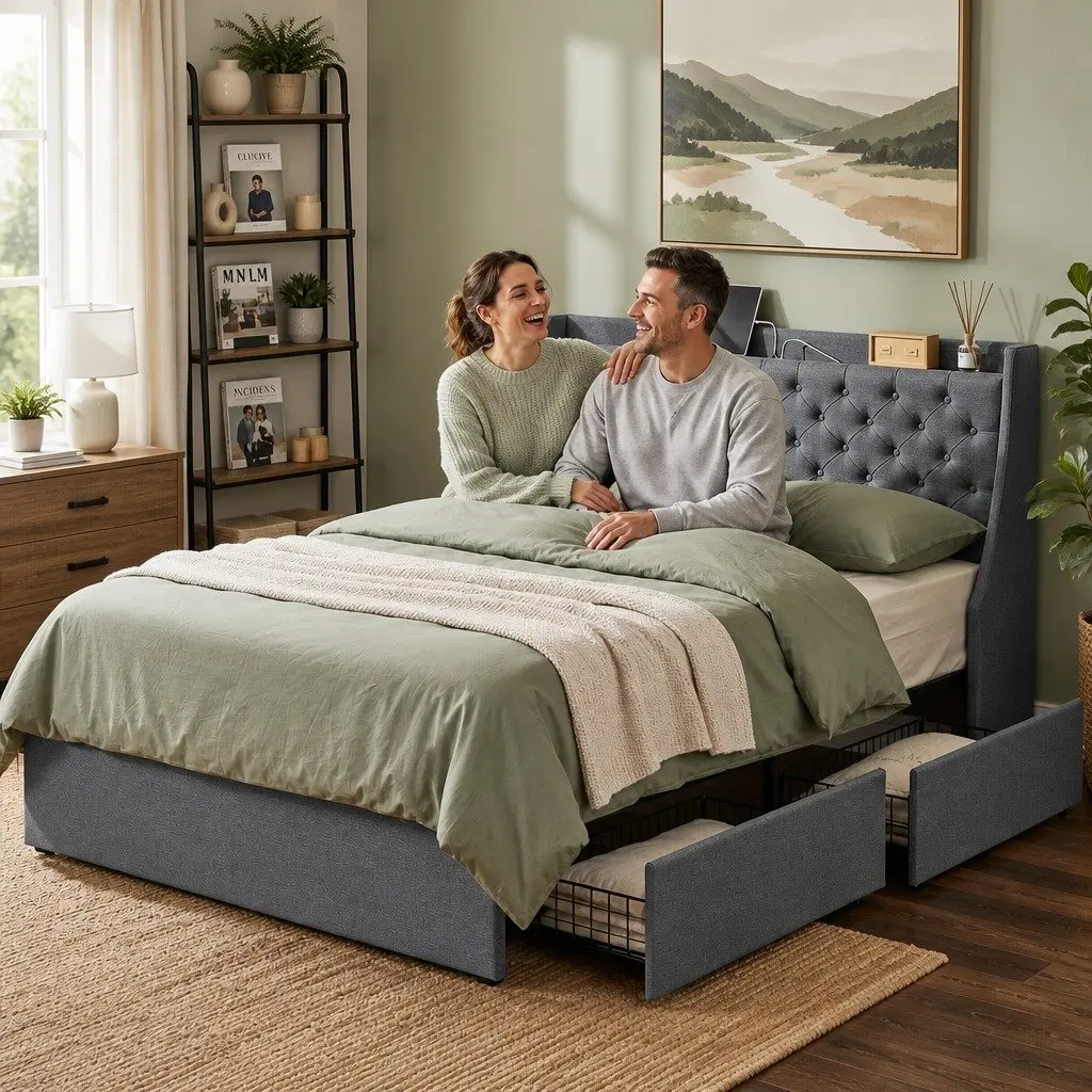 Queen Bed Frame Tufted Wingback Headboard Storage Drawers Charcoal Grey