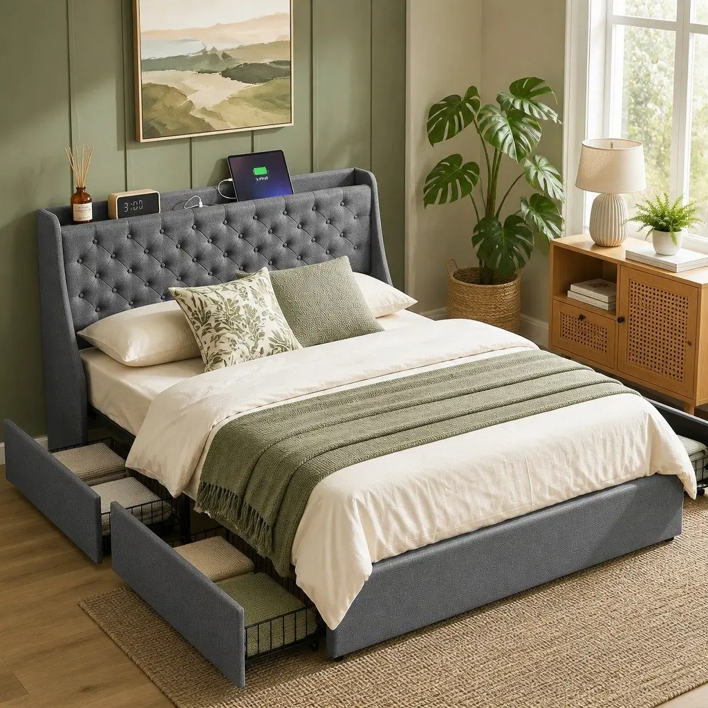 Queen Bed Frame Tufted Wingback Headboard Storage Drawers Charcoal Grey
