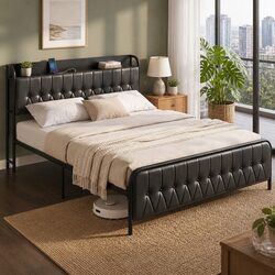 Sleek Black King Bed Frame with Storage Headboard