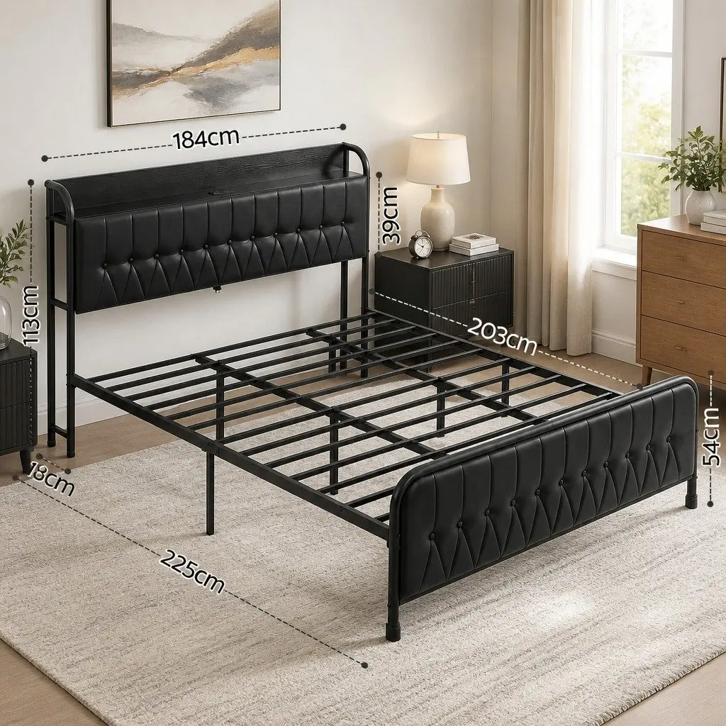 King Bed Frame Black Upholstered with Charging Station Storage Headboard Heavy Duty Metal Frame 184W x 225L x 113H cm