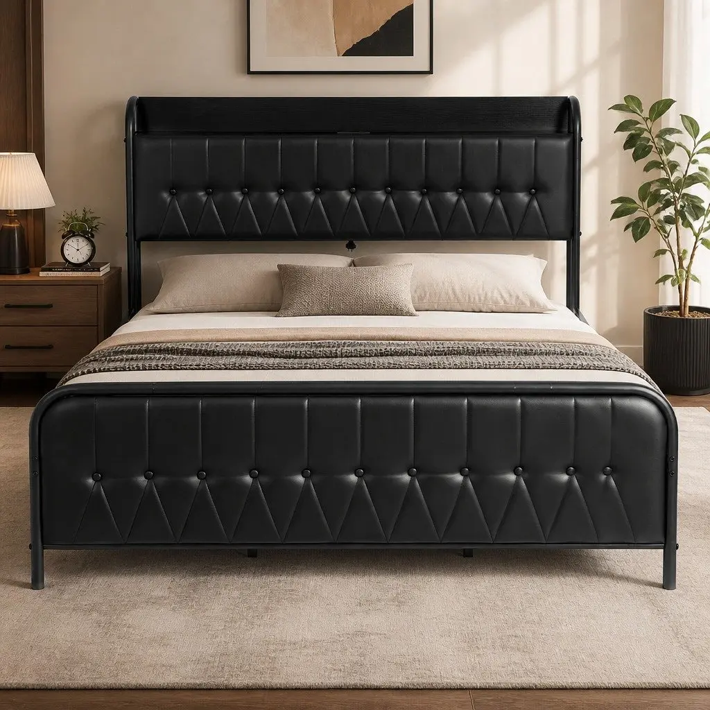 King Bed Frame Black Upholstered with Charging Station Storage Headboard Heavy Duty Metal Frame 184W x 225L x 113H cm