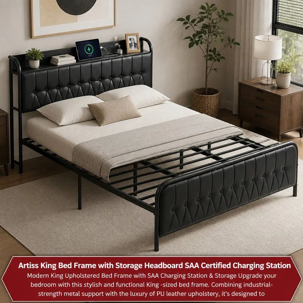 King Bed Frame Black Upholstered with Charging Station Storage Headboard Heavy Duty Metal Frame 184W x 225L x 113H cm