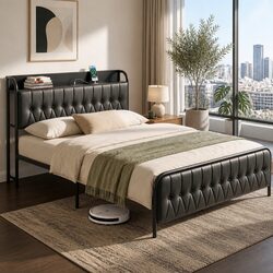 Durable Queen Bed Frame with Integrated Charging Station