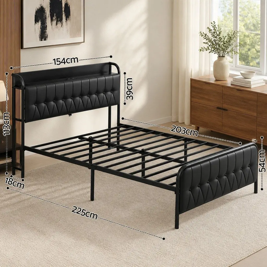 Queen Bed Frame Black Upholstered with Charging Station and Storage Headboard 154cm x 225cm x 113cm