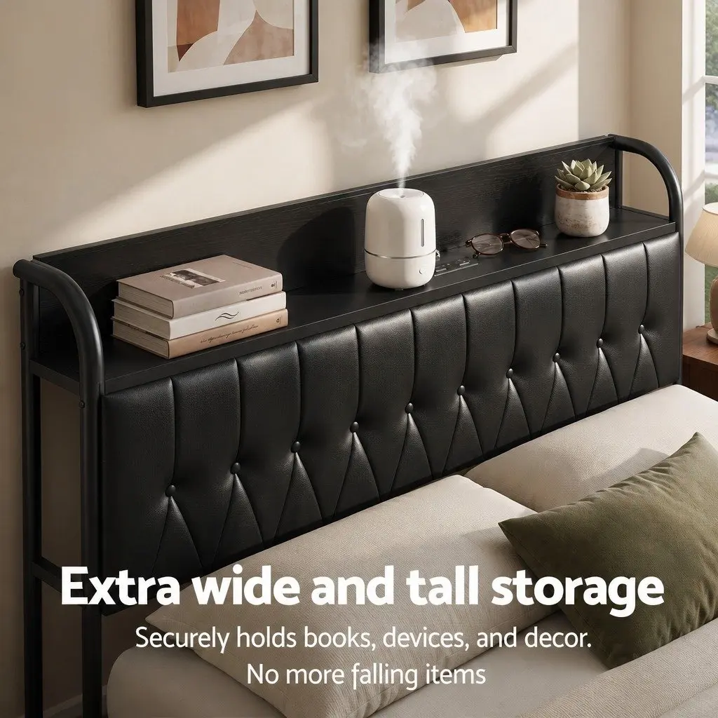 Queen Bed Frame Black Upholstered with Charging Station and Storage Headboard 154cm x 225cm x 113cm
