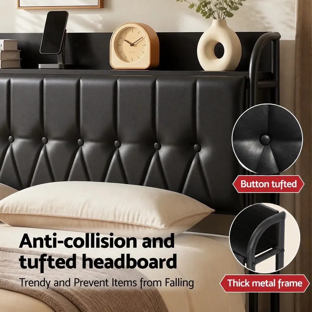 Queen Bed Frame Black Upholstered with Charging Station and Storage Headboard 154cm x 225cm x 113cm