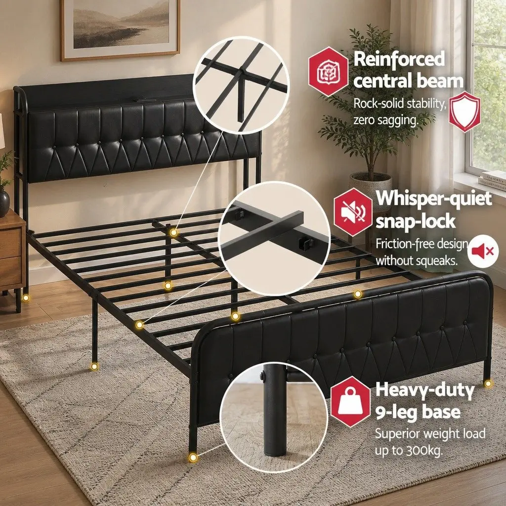 Queen Bed Frame Black Upholstered with Charging Station and Storage Headboard 154cm x 225cm x 113cm