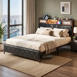 King Bed Frame with LED Lighting and Storage Headboard