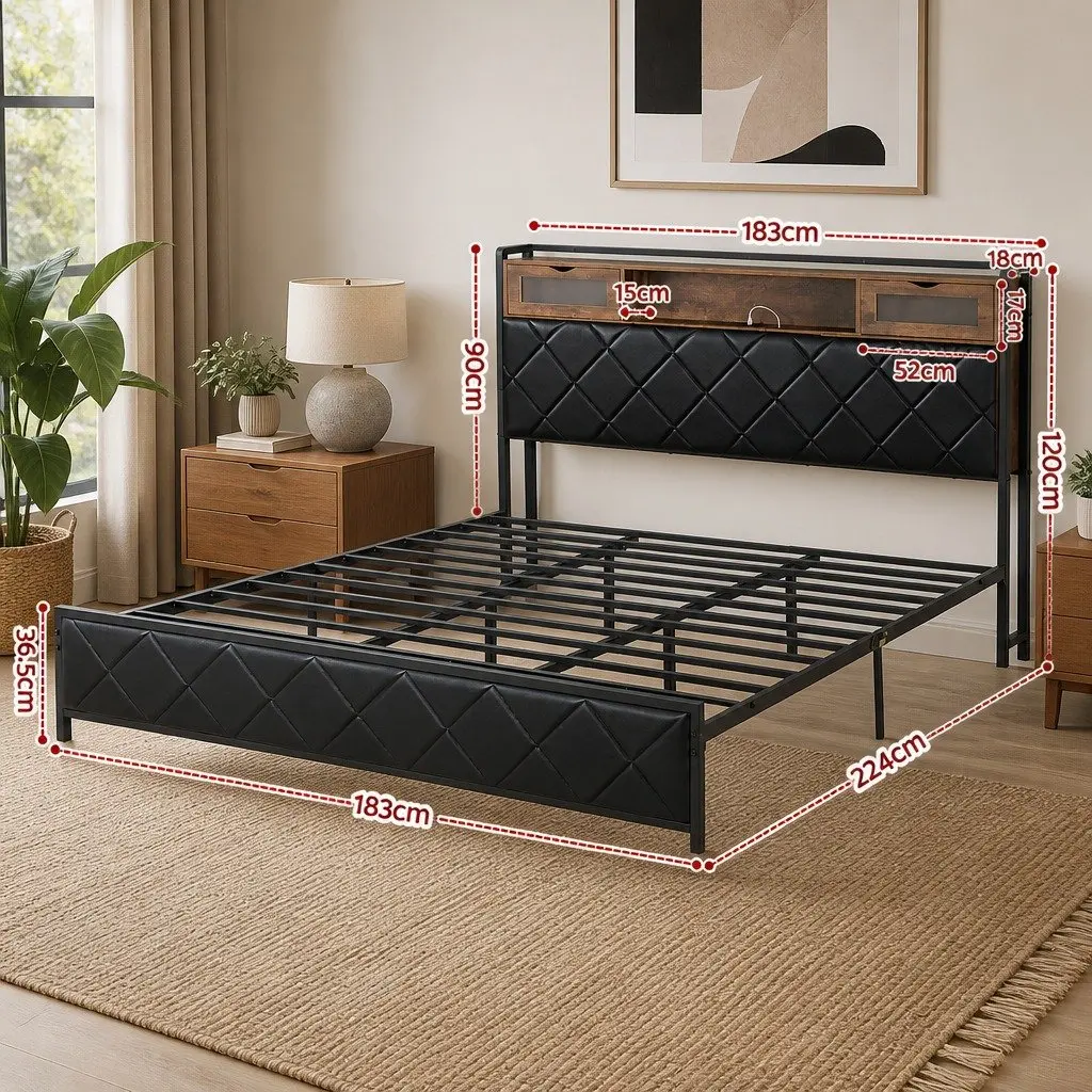 King Bed Frame with Storage Headboard and LED Lights Black