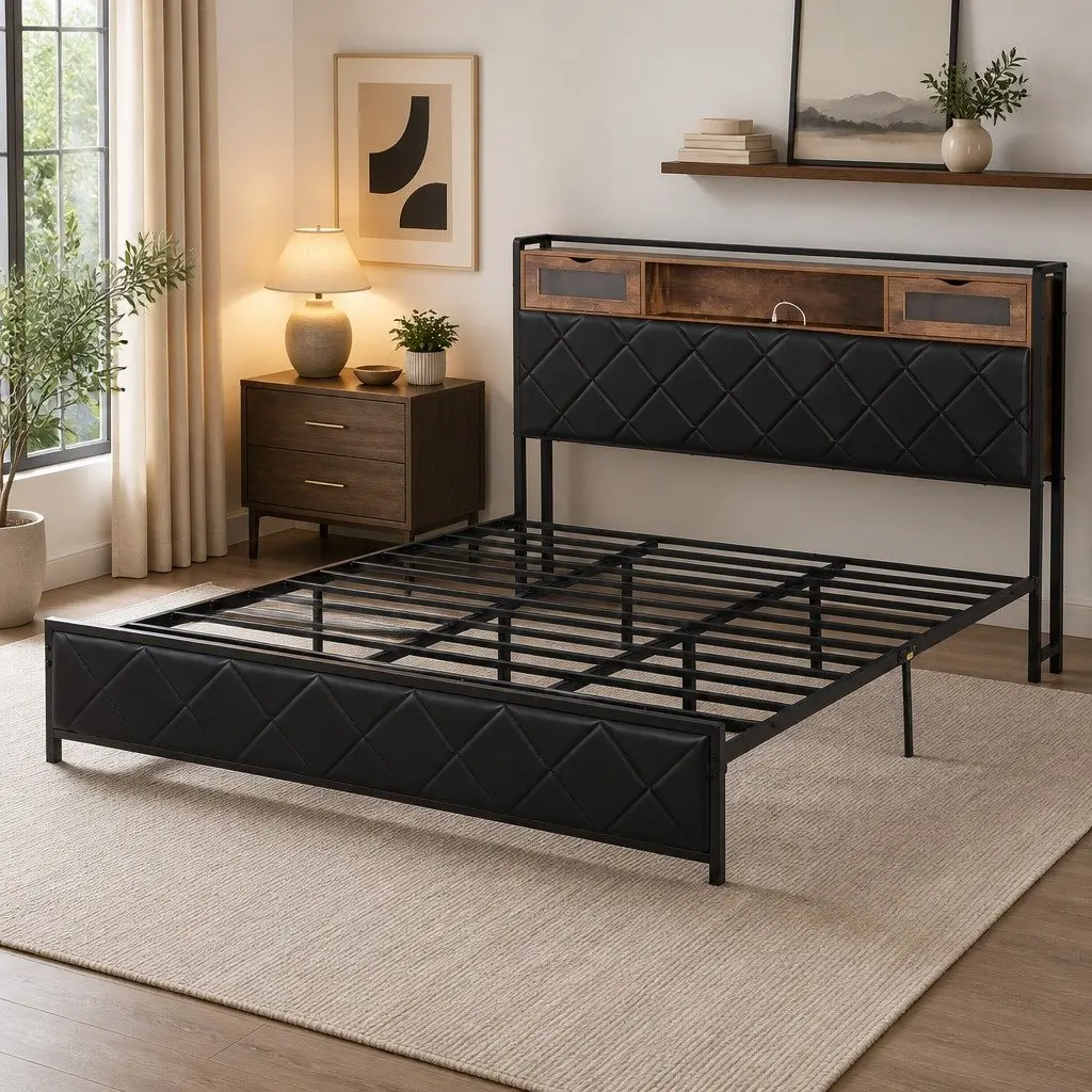 King Bed Frame with Storage Headboard and LED Lights Black