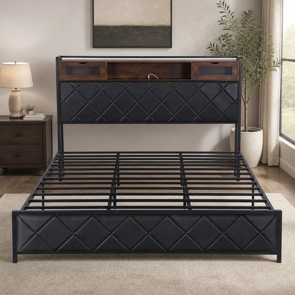 King Bed Frame with Storage Headboard and LED Lights Black