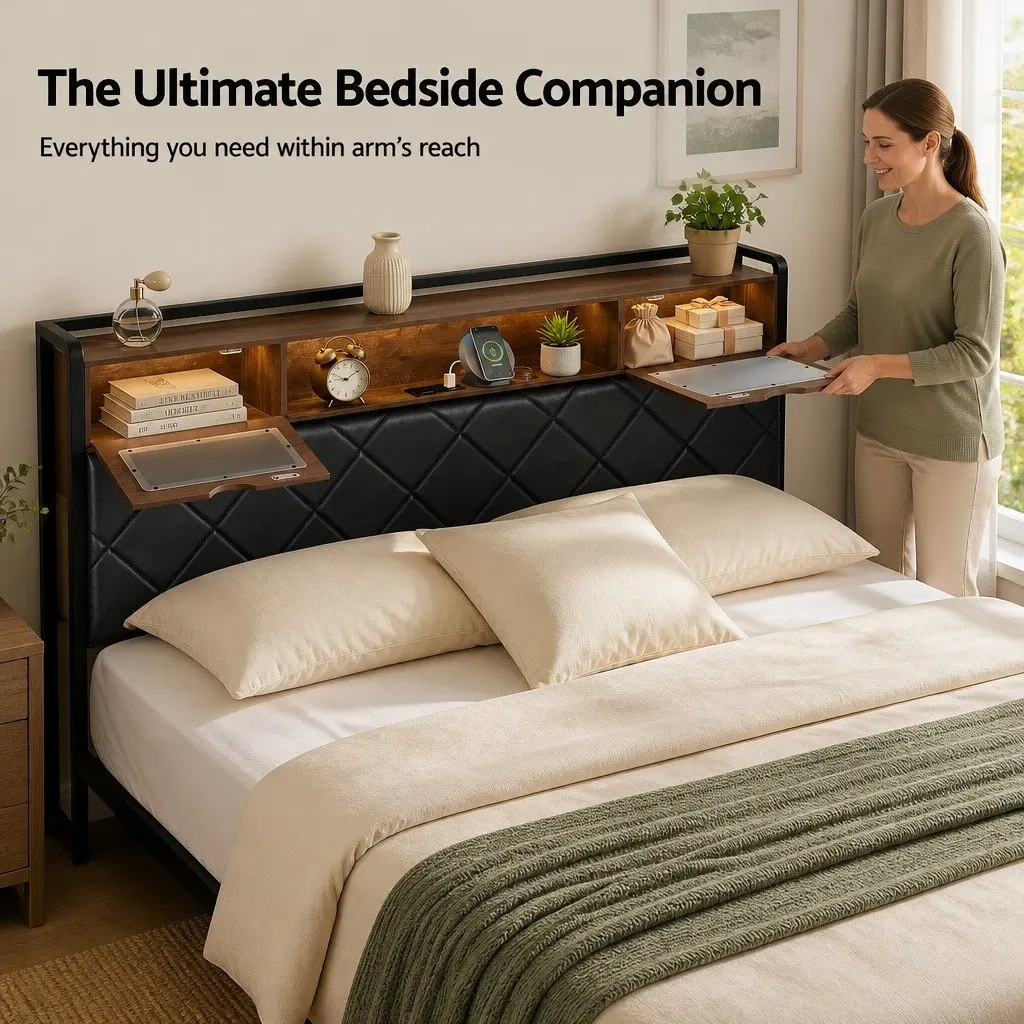 King Bed Frame with Storage Headboard and LED Lights Black