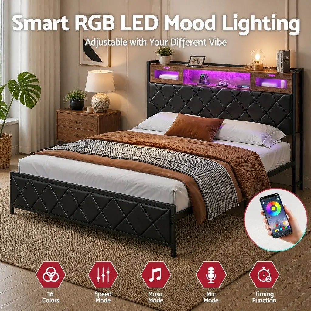 King Bed Frame with Storage Headboard and LED Lights Black