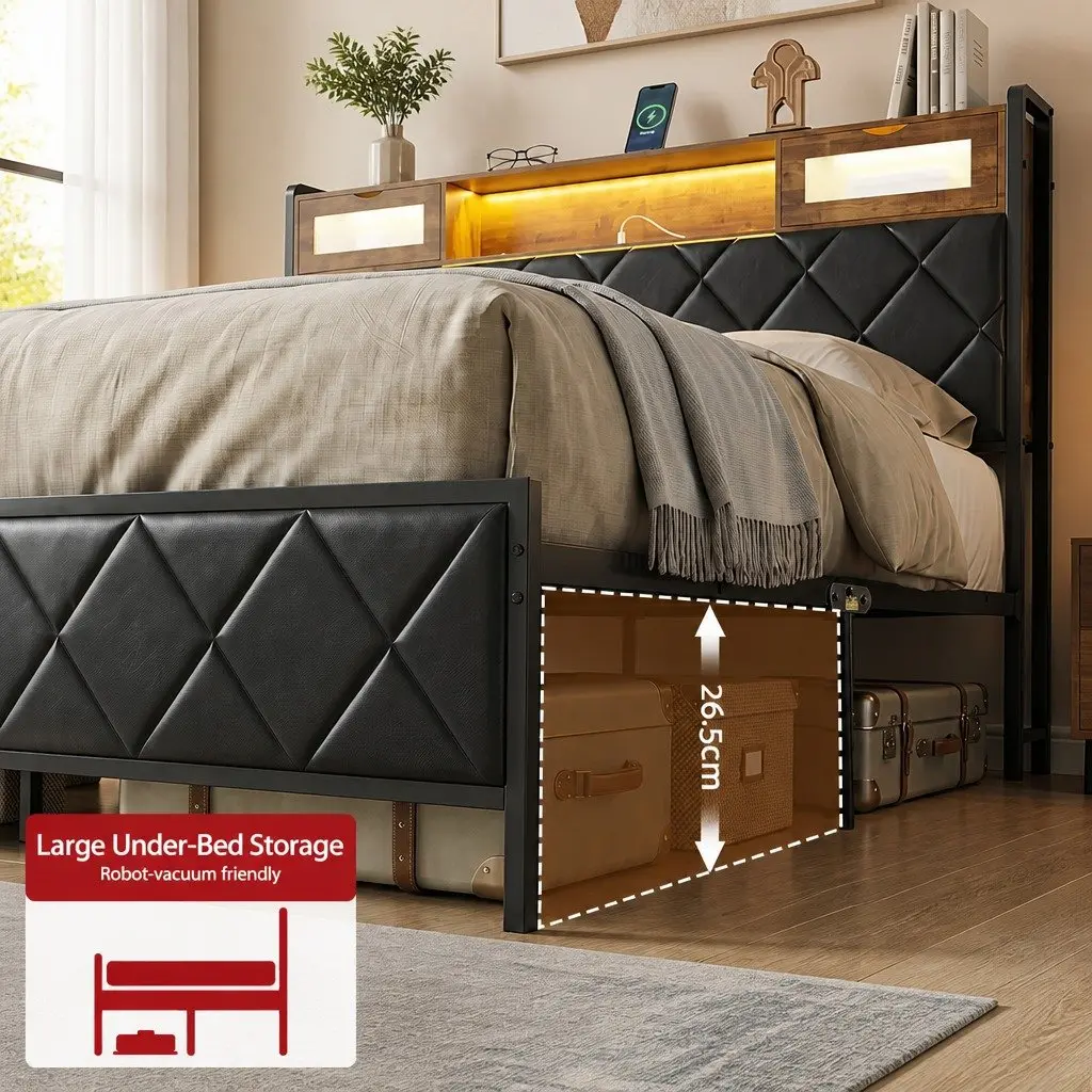 King Bed Frame with Storage Headboard and LED Lights Black
